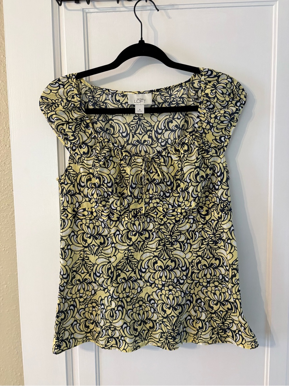 LOFT Yellow and Navy Floral Scoop Neck Cap-Sleeve Top